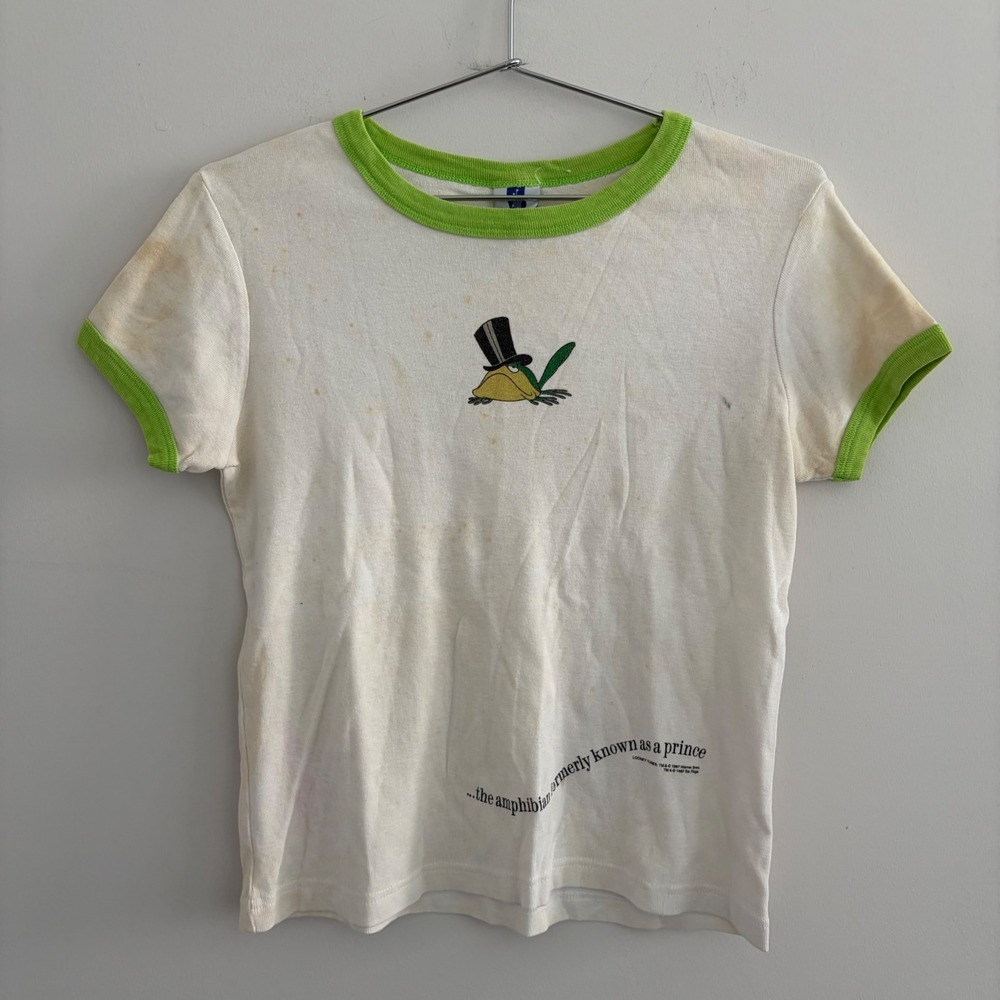 Vintage 1997 Six Flags Looney Tunes Michigan J Frog Ringer Tee White Green Large